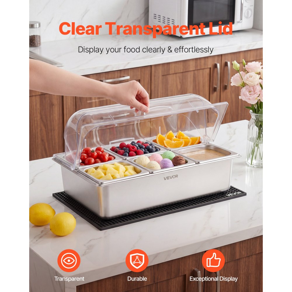VEVOR Countertop Food Serving Display Container, Stainless Steel Food Salad Server Tray, Buffet Condiment Dispenser, Ice Cooled Rack with Clear Roll Top Cover, for Restaurant Hotel (6x1/6 Pan x2)