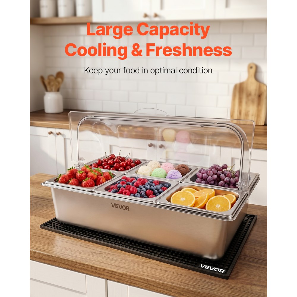 VEVOR Countertop Food Serving Display Container, Stainless Steel Food Salad Server Tray, Buffet Condiment Dispenser, Ice Cooled Rack with Clear Roll Top Cover, for Restaurant Hotel (6x1/6 Pan x2)