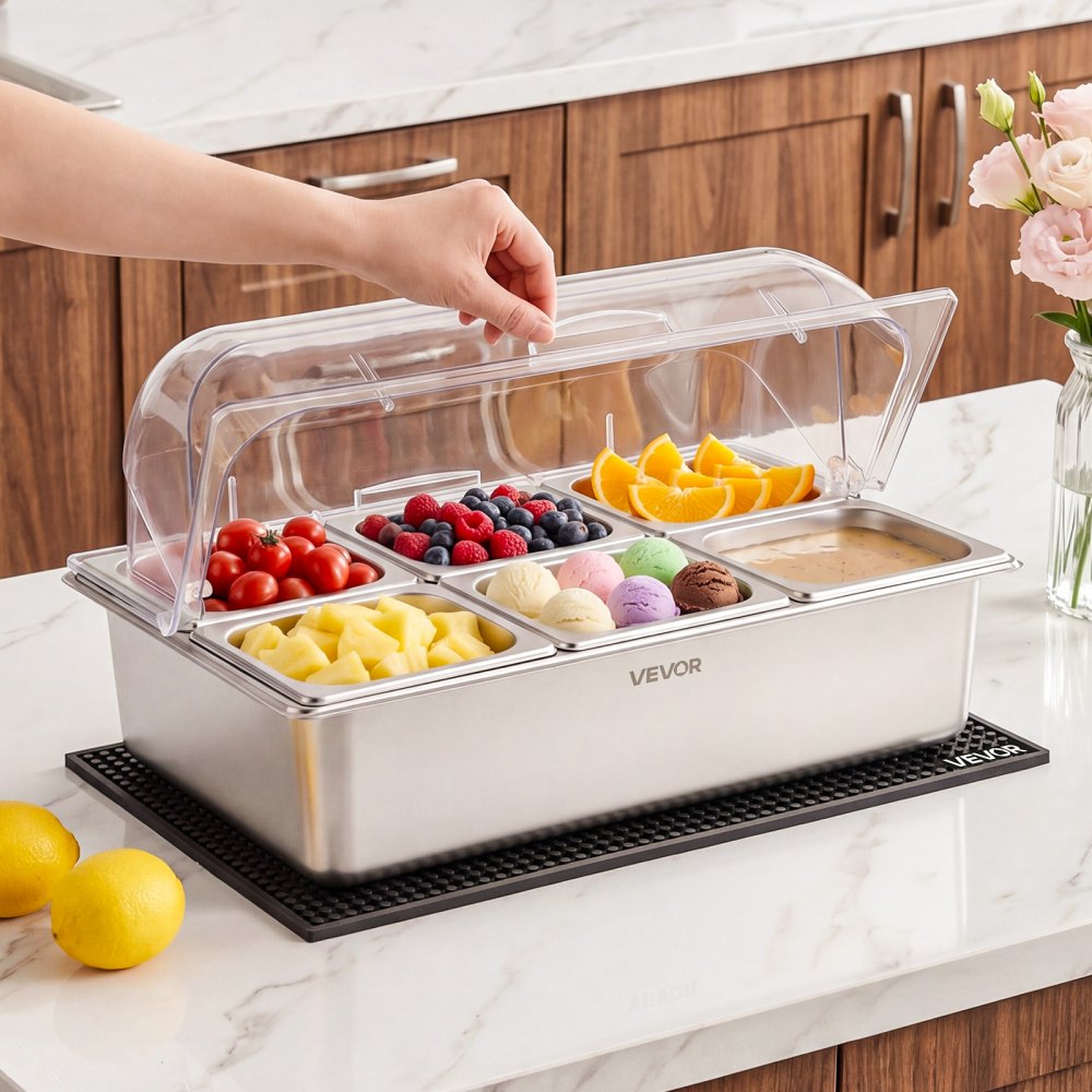 VEVOR Countertop Food Serving Display Container, Stainless Steel Food Salad Server Tray, Buffet Condiment Dispenser, Ice Cooled Rack with Clear Roll Top Cover, for Restaurant Hotel (6x1/6 Pan x2)
