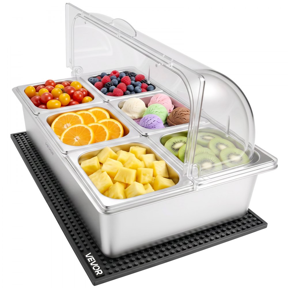 VEVOR Countertop Food Serving Display Container, Stainless Steel Food Salad Server Tray, Buffet Condiment Dispenser, Ice Cooled Rack with Clear Roll Top Cover, for Restaurant Hotel (6x1/6 Pan x2)