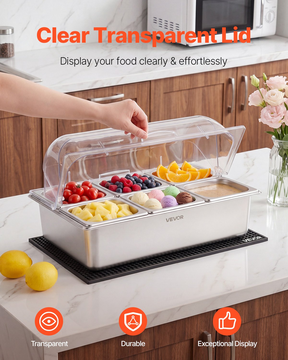 VEVOR Countertop Food Serving Display Container, Stainless Steel Food Salad Server Tray, Buffet Condiment Dispenser, Ice Cooled Rack with Clear Roll Top Cover, for Restaurant Hotel (6x1/6 Pan x2)