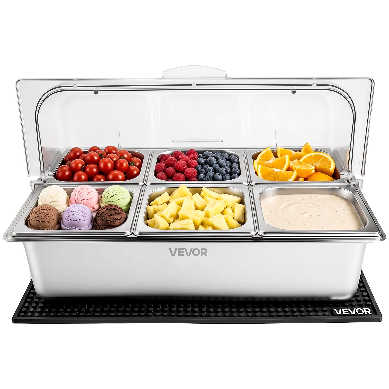 VEVOR Countertop Food Serving Display Container, Stainless Steel Food Salad Server Tray, Buffet Condiment Dispenser, Ice Cooled Rack with Clear Roll Top Cover, for Restaurant Hotel (6x1/6 Pan x2)