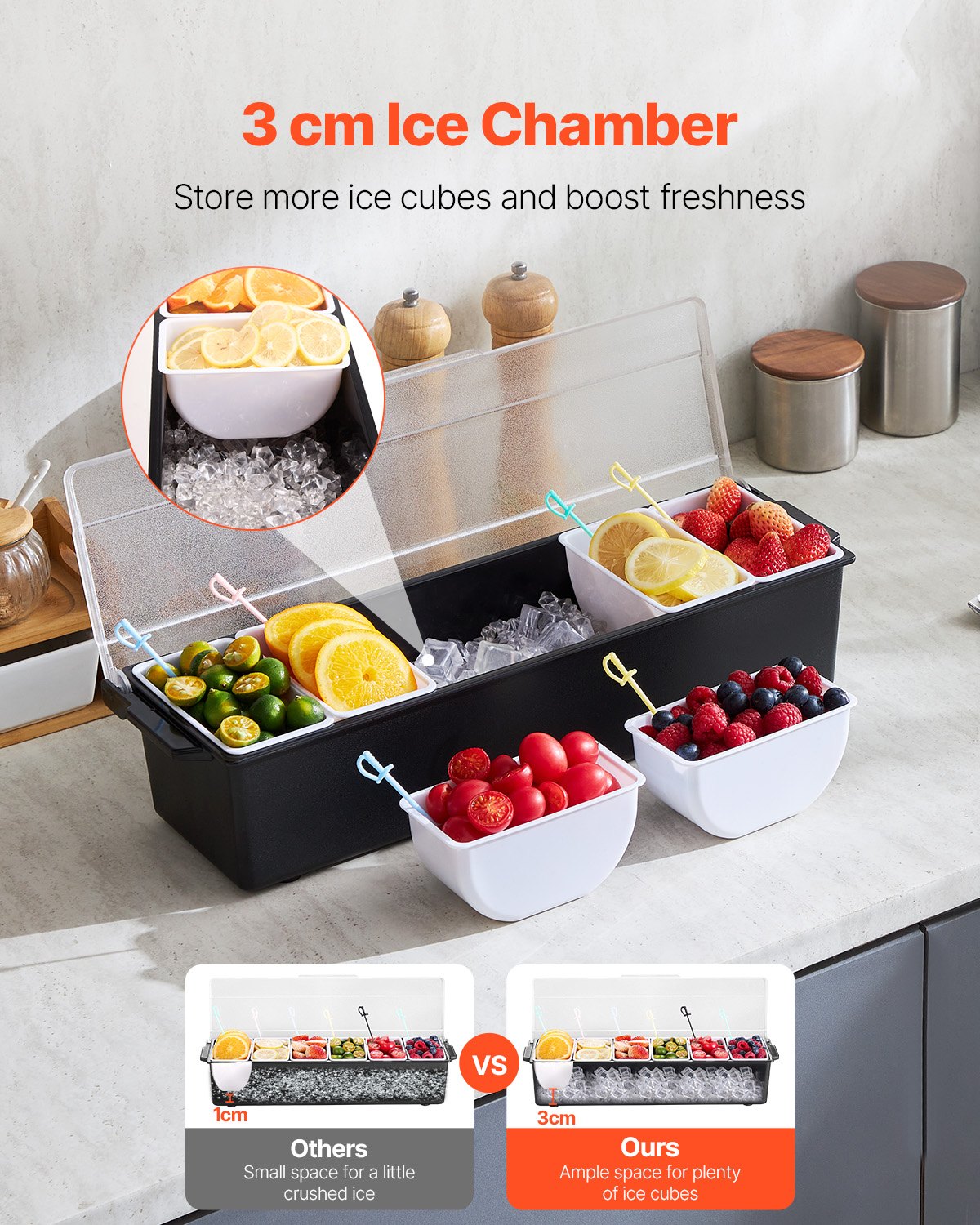 VEVOR Chilled Condiment Server 6 Compartment Cold Serving Tray with Clear Lid