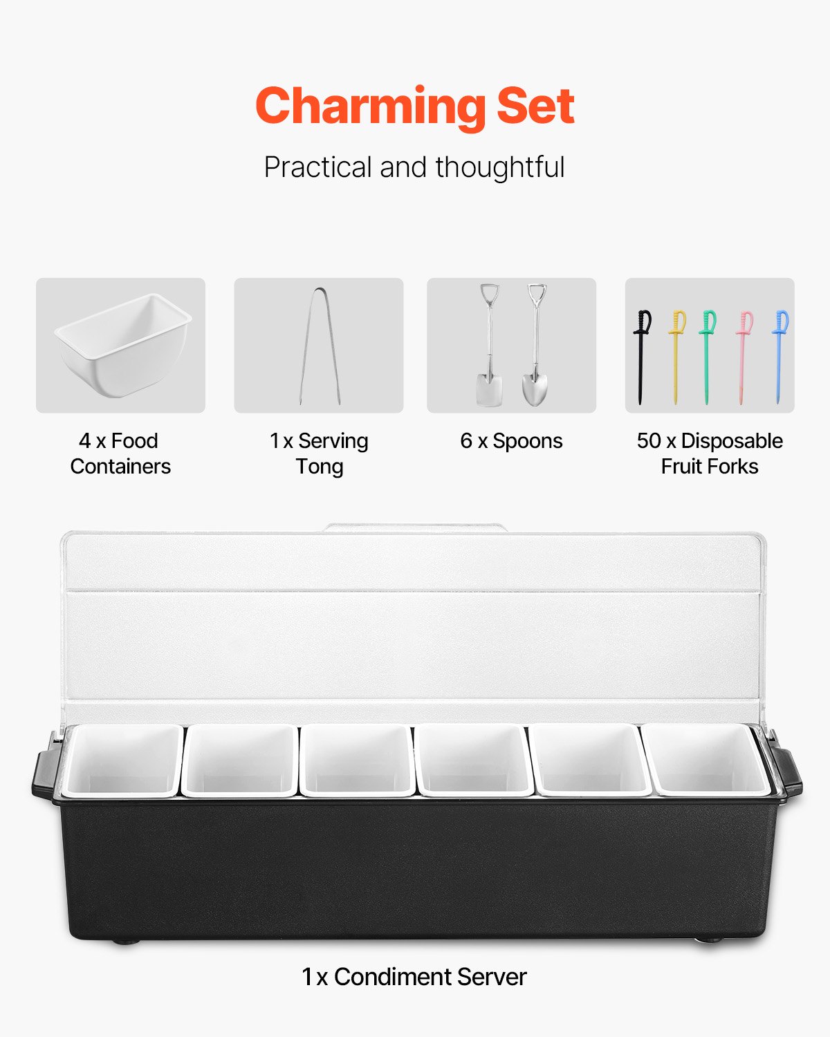 VEVOR Chilled Condiment Server 6 Compartment Cold Serving Tray with Clear Lid