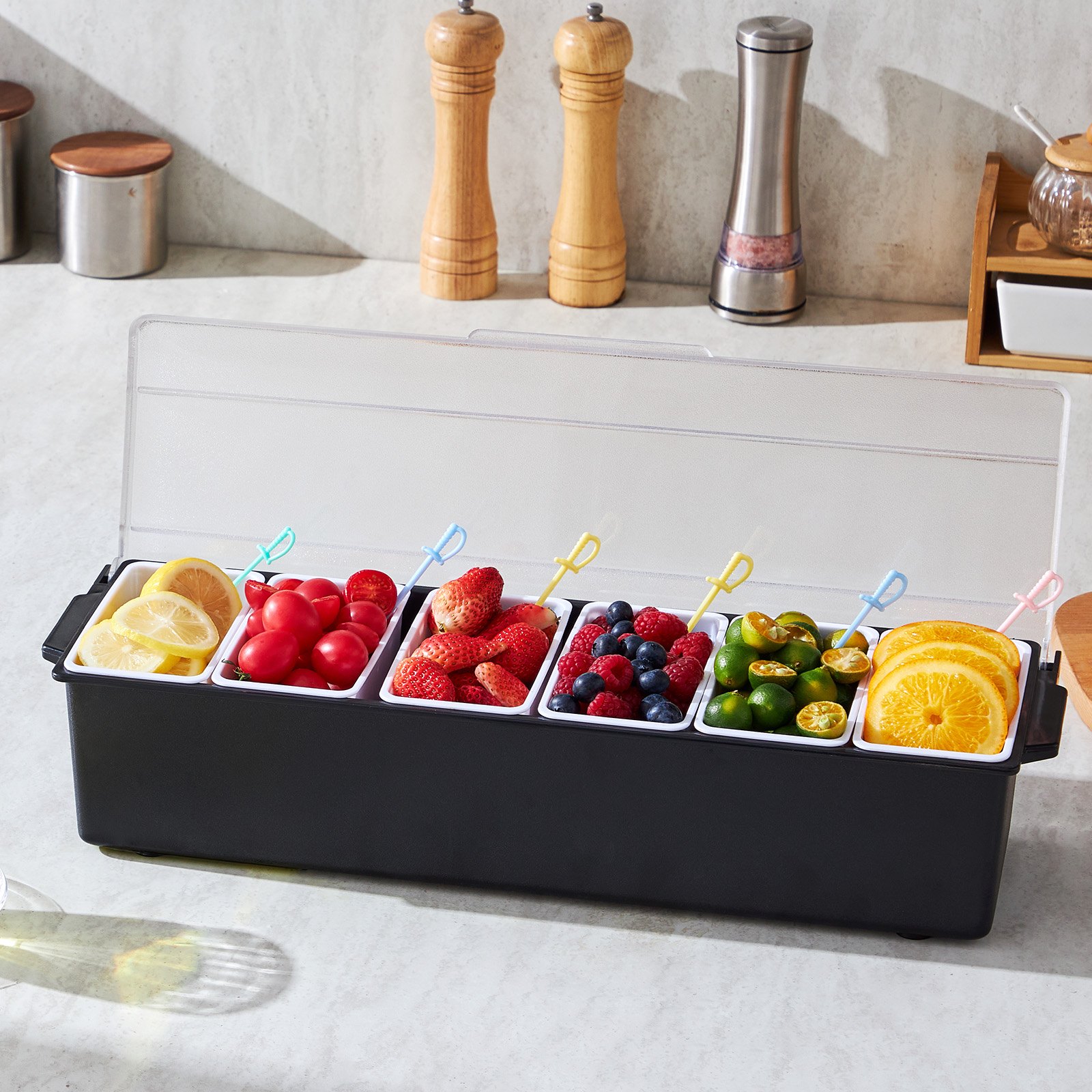 VEVOR Chilled Condiment Server 6 Compartment Cold Serving Tray with Clear Lid