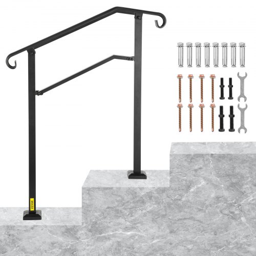 VEVOR Outdoor Stair Railing, Fit 2 or 3 Steps Alloy Metal Handrailing, Front Porch Flexible Transitional Handrail, Arch Step Rail with Installation Kit, for Concrete or Wooden Stairs, Black