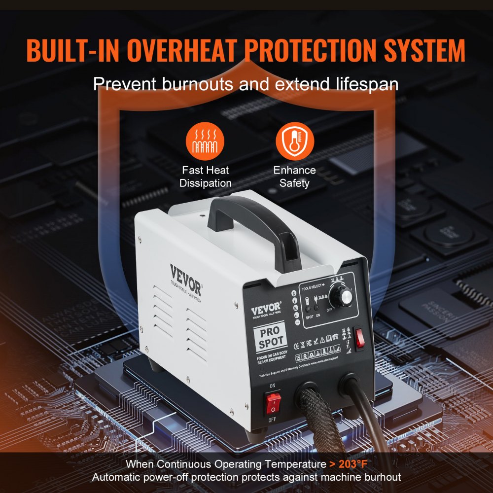 Sada na opravu promáčklin VEVOR pro svářečku studů, bodový svářeč karoserií a stahovák promáčklin se 7 režimy svařování a nastavitelným výkonem, nástroj na odstraňování promáčklin bodovým svářením 1,8 kW pro opravu promáčklin na autech a nákladních vozech
