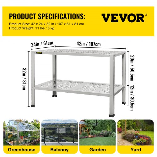VEVOR Potting Bench, 42" L x 24" W x 32" H, Aluminum Alloy Outdoor Workstation with Rubber Feet, Multi-use Double Layers Gardening Table for Greenhouse, Patio, Porch, Backyard, Silver