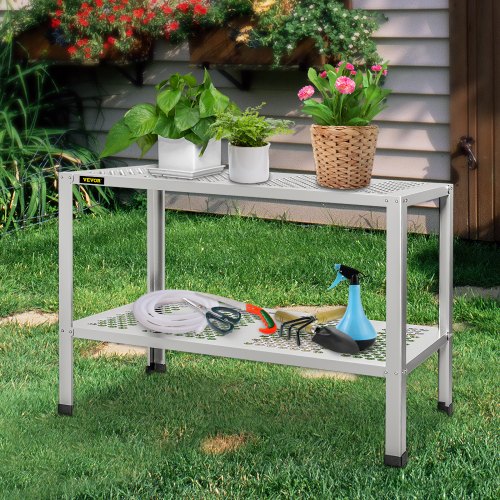 VEVOR Potting Bench, 42" L x 24" W x 32" H, Aluminum Alloy Outdoor Workstation with Rubber Feet, Multi-use Double Layers Gardening Table for Greenhouse, Patio, Porch, Backyard, Silver