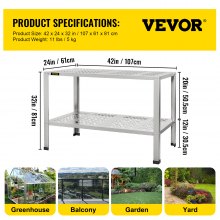 VEVOR Potting Bench, 42"L x 24"W x 32"H, Weathering Steel Outdoor Workstation Table with Adjustable Shelf, Multi-use Gardening Bench for Greenhouse, Patio, Porch, Backyard, Silver