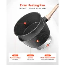 VEVOR 2.5 QT Saucepan Nonstick Saucepan with Glass Lid & Detachable Handle Black