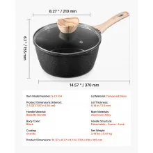 VEVOR 2.5 QT Saucepan Nonstick Saucepan with Glass Lid & Detachable Handle Black