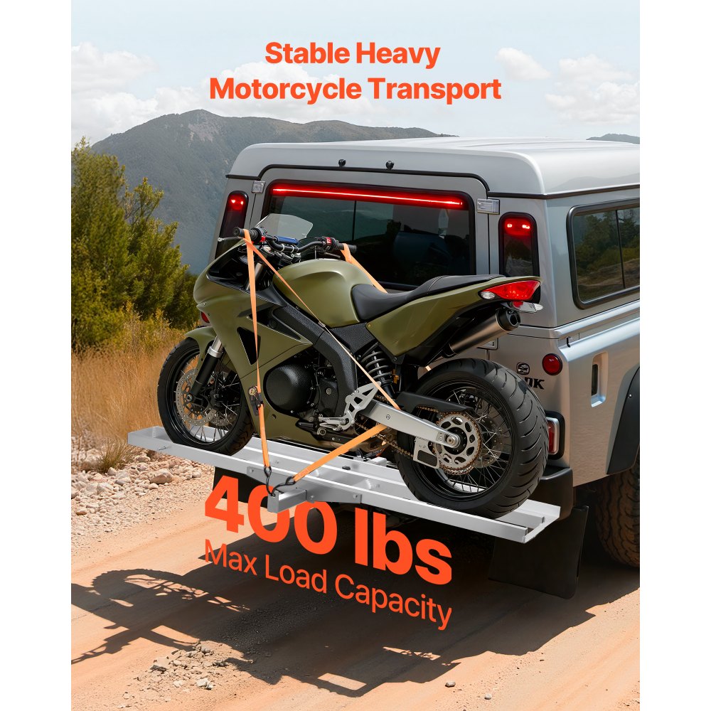 VEVOR Motorcycle Carrier, 400 lbs Capacity, Heavy Duty Aluminum Hitch Mount Rack with 73in Loading Ramp, Straps & Stabilizer, Scooter Dirt Bike Trailer Hauler for Car Truck with 2-Inch Hitch Receiver