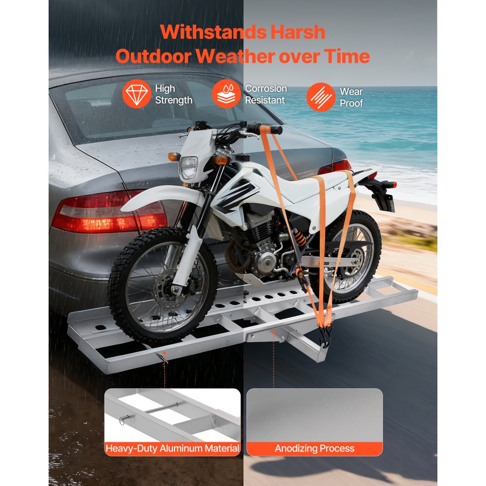 VEVOR Motorcycle Carrier, 400 lbs Capacity, Heavy Duty Aluminum Hitch Mount Rack with 73in Loading Ramp, Straps & Stabilizer, Scooter Dirt Bike Trailer Hauler for Car Truck with 2-Inch Hitch Receiver