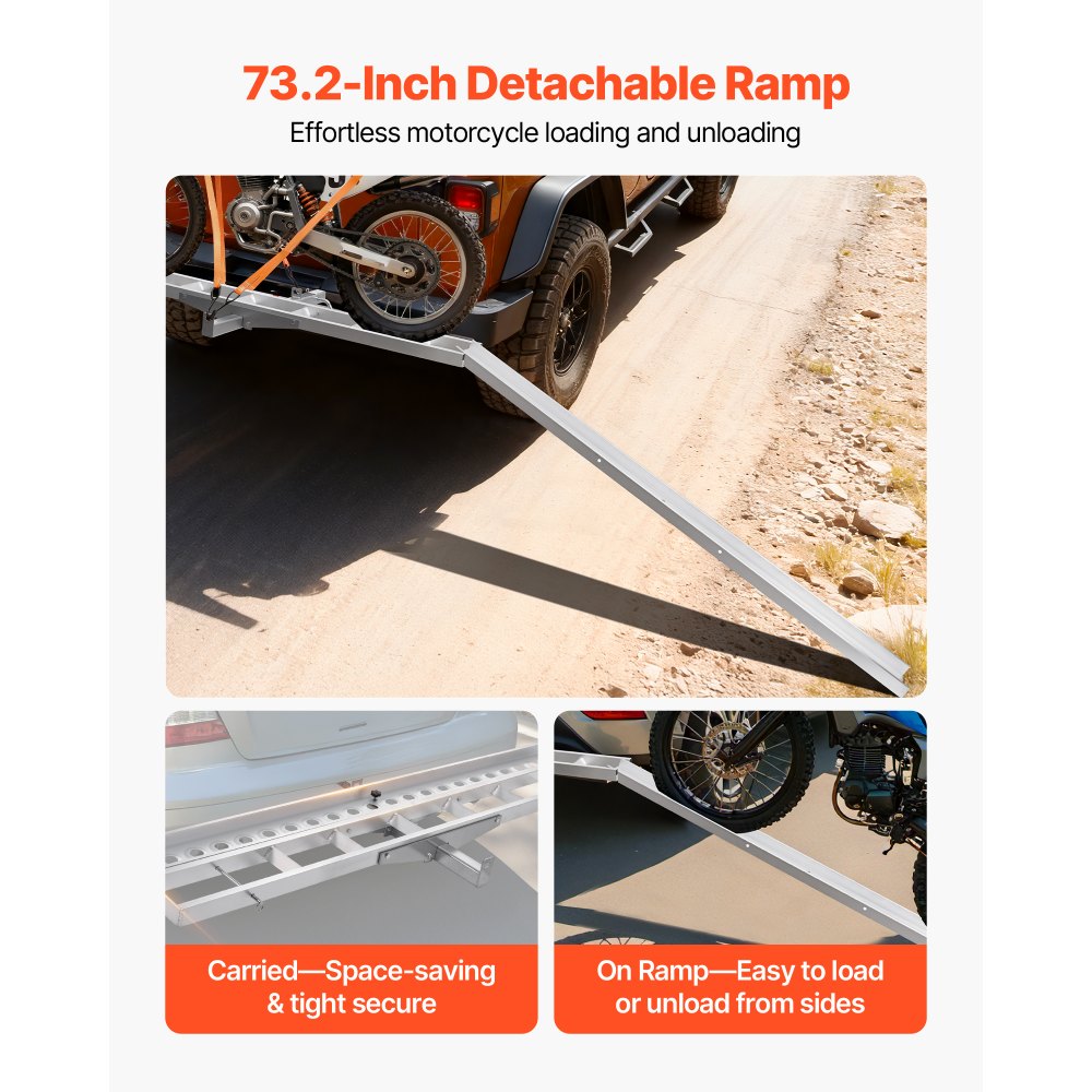 VEVOR Motorcycle Carrier, 400 lbs Capacity, Heavy Duty Aluminum Hitch Mount Rack with 73in Loading Ramp, Straps & Stabilizer, Scooter Dirt Bike Trailer Hauler for Car Truck with 2-Inch Hitch Receiver