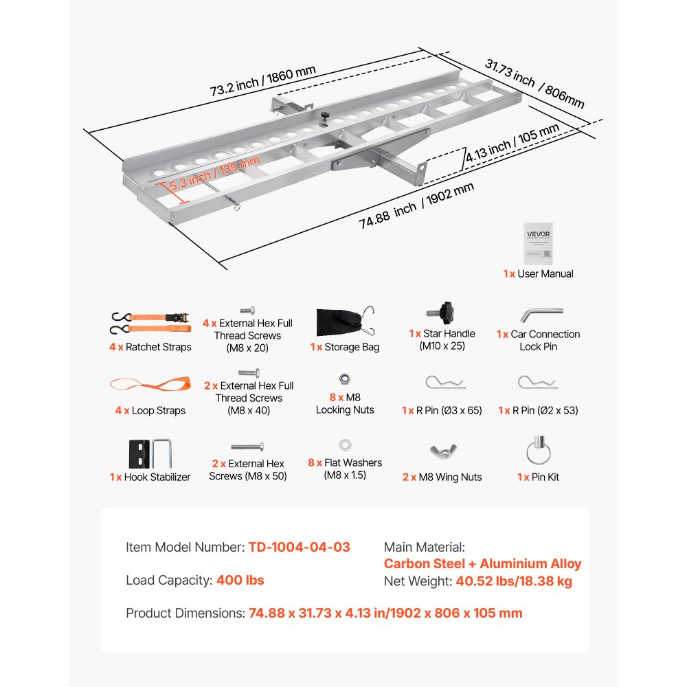 VEVOR Motorcycle Carrier, 400 lbs Capacity, Heavy Duty Aluminum Hitch Mount Rack with 73in Loading Ramp, Straps & Stabilizer, Scooter Dirt Bike Trailer Hauler for Car Truck with 2-Inch Hitch Receiver