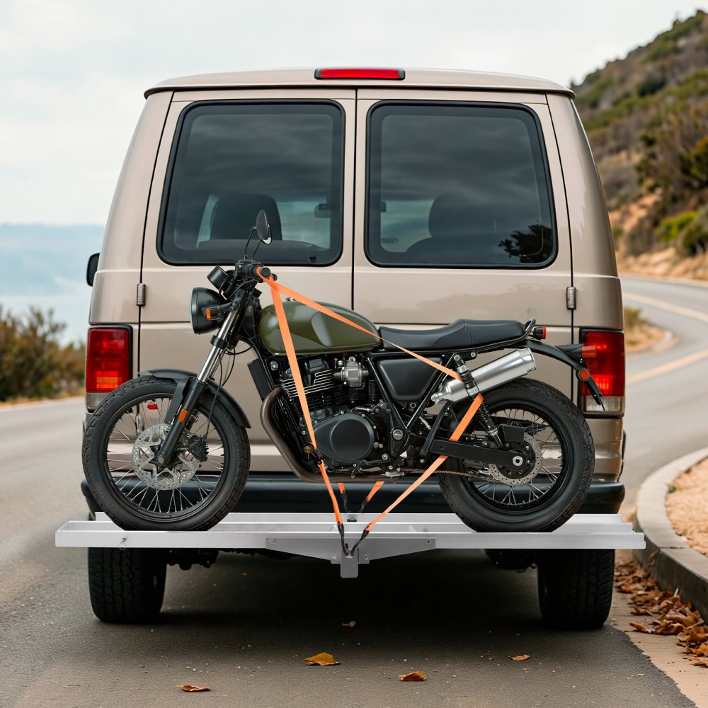VEVOR Motorcycle Carrier, 400 lbs Capacity, Heavy Duty Aluminum Hitch Mount Rack with 73in Loading Ramp, Straps & Stabilizer, Scooter Dirt Bike Trailer Hauler for Car Truck with 2-Inch Hitch Receiver