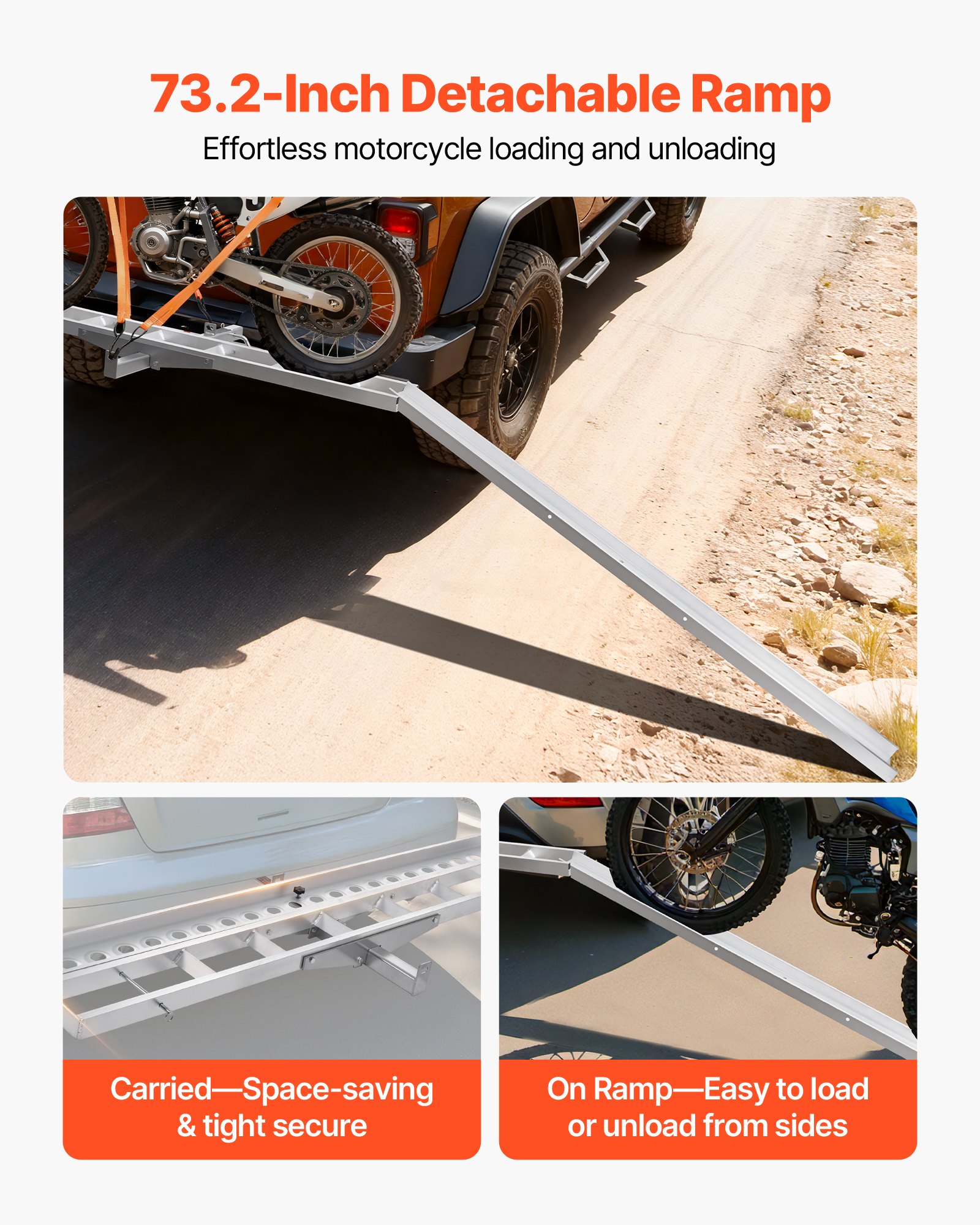 VEVOR Motorcycle Carrier, 400 lbs Capacity, Heavy Duty Aluminum Hitch Mount Rack with 73in Loading Ramp, Straps & Stabilizer, Scooter Dirt Bike Trailer Hauler for Car Truck with 2-Inch Hitch Receiver