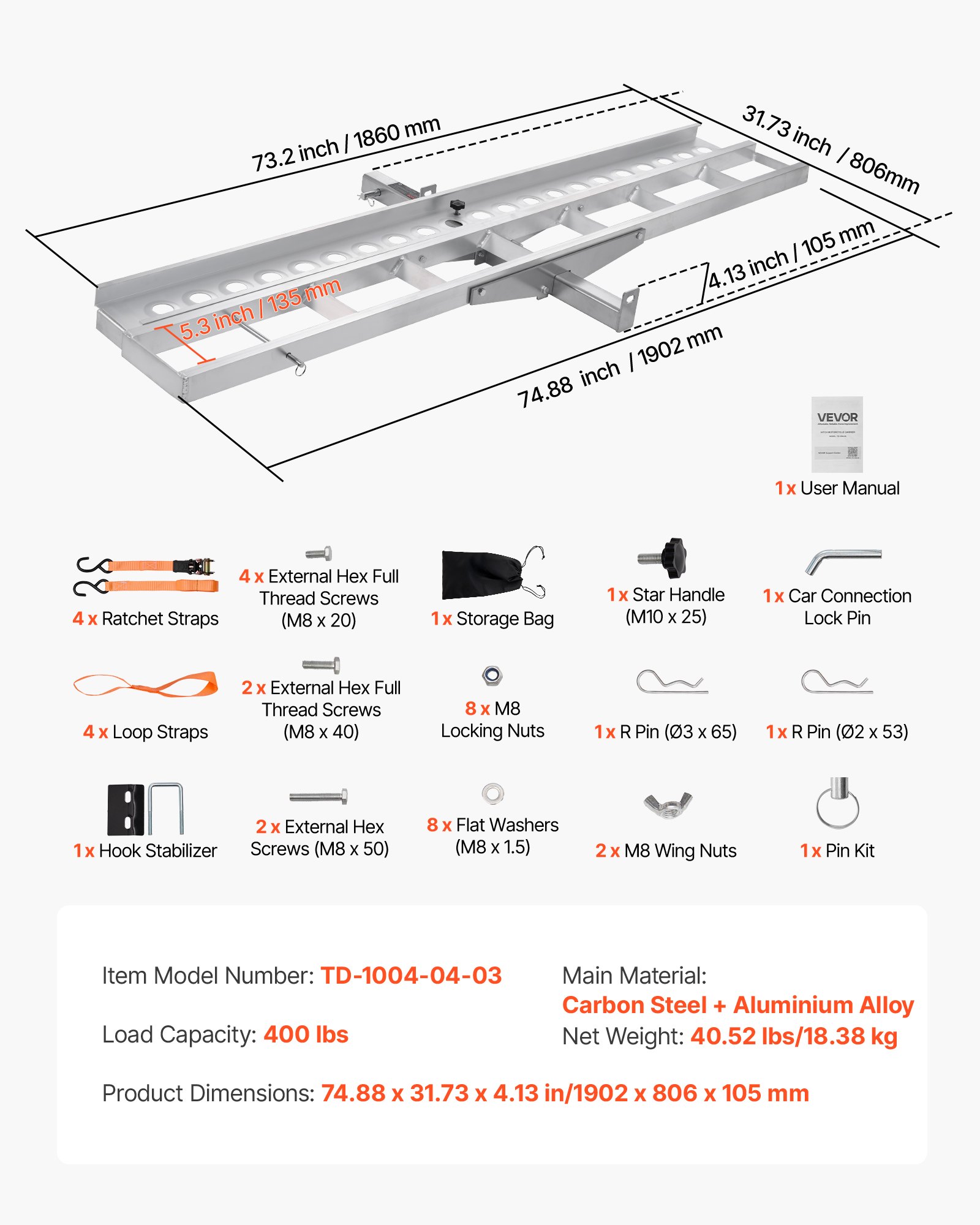 VEVOR Motorcycle Carrier, 400 lbs Capacity, Heavy Duty Aluminum Hitch Mount Rack with 73in Loading Ramp, Straps & Stabilizer, Scooter Dirt Bike Trailer Hauler for Car Truck with 2-Inch Hitch Receiver