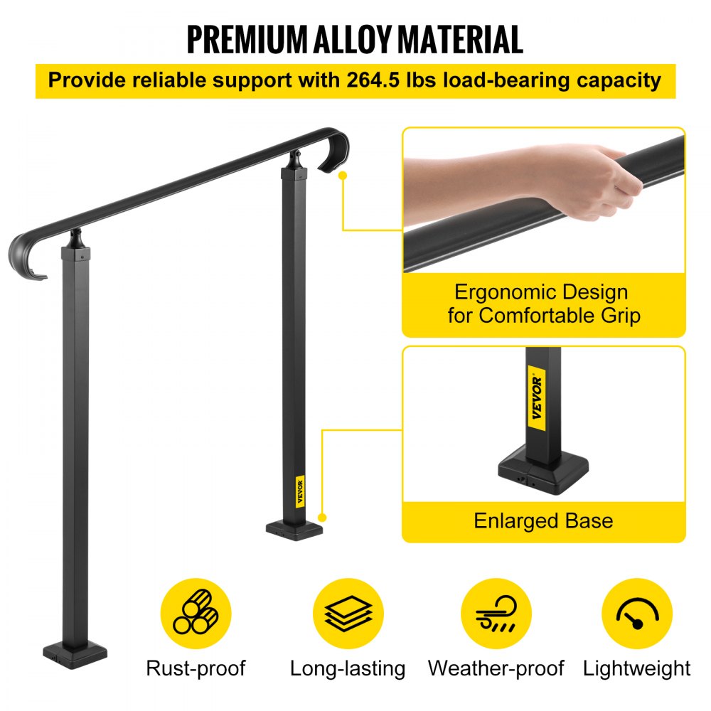 VEVOR Stair Railing Hand Rail Kit Fit 2 or 3 Steps Alloy Metal Step Handrail