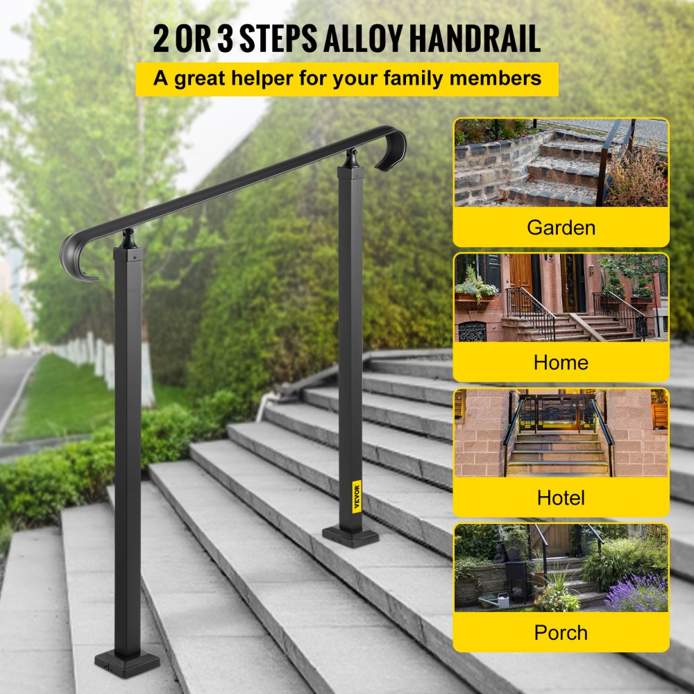 VEVOR Outdoor Stair Railing, Alloy Metal Hand Railing, Fit 2 or 3 Steps Flexible Transitional Handrail, Black Outdoor Stair Rail W/ Installation Kit, Step Handrail for Concrete or Wooden Stairs