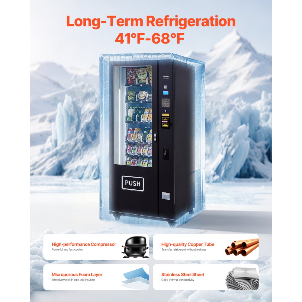 Máquina expendedora refrigerada combinada VEVOR, 36 ranuras, con TIC para refrigerios y refrescos, con aceptador de billetes y monedas, 6 niveles de gran capacidad para negocios, centros comerciales, oficinas y escuelas.