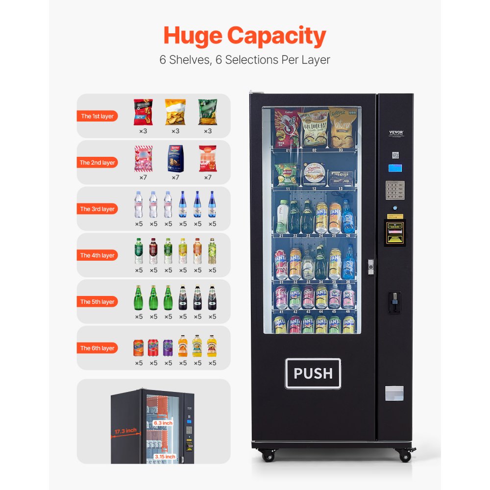 Máquina expendedora refrigerada combinada VEVOR, 36 ranuras, con TIC para refrigerios y refrescos, con aceptador de billetes y monedas, 6 niveles de gran capacidad para negocios, centros comerciales, oficinas y escuelas.