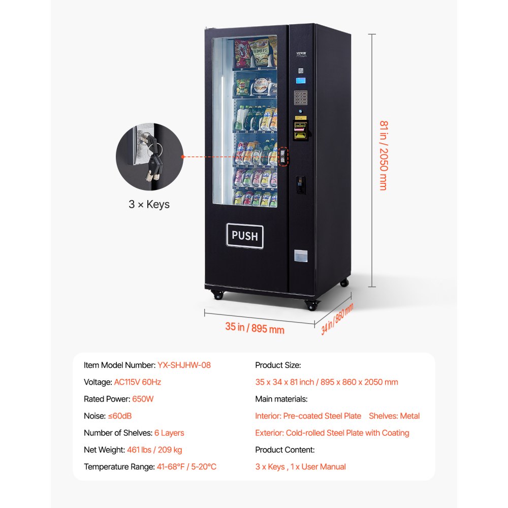 Máquina expendedora refrigerada combinada VEVOR, 36 ranuras, con TIC para refrigerios y refrescos, con aceptador de billetes y monedas, 6 niveles de gran capacidad para negocios, centros comerciales, oficinas y escuelas.