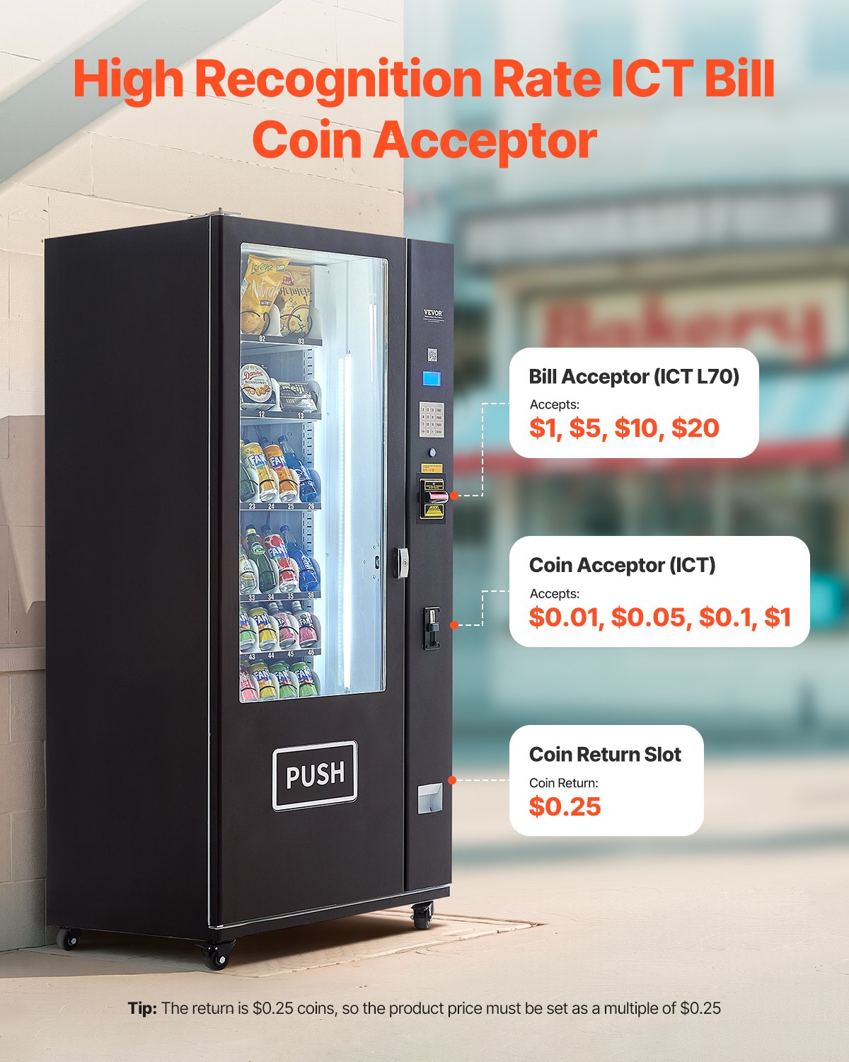 Máquina expendedora refrigerada combinada VEVOR, 36 ranuras, con TIC para refrigerios y refrescos, con aceptador de billetes y monedas, 6 niveles de gran capacidad para negocios, centros comerciales, oficinas y escuelas.