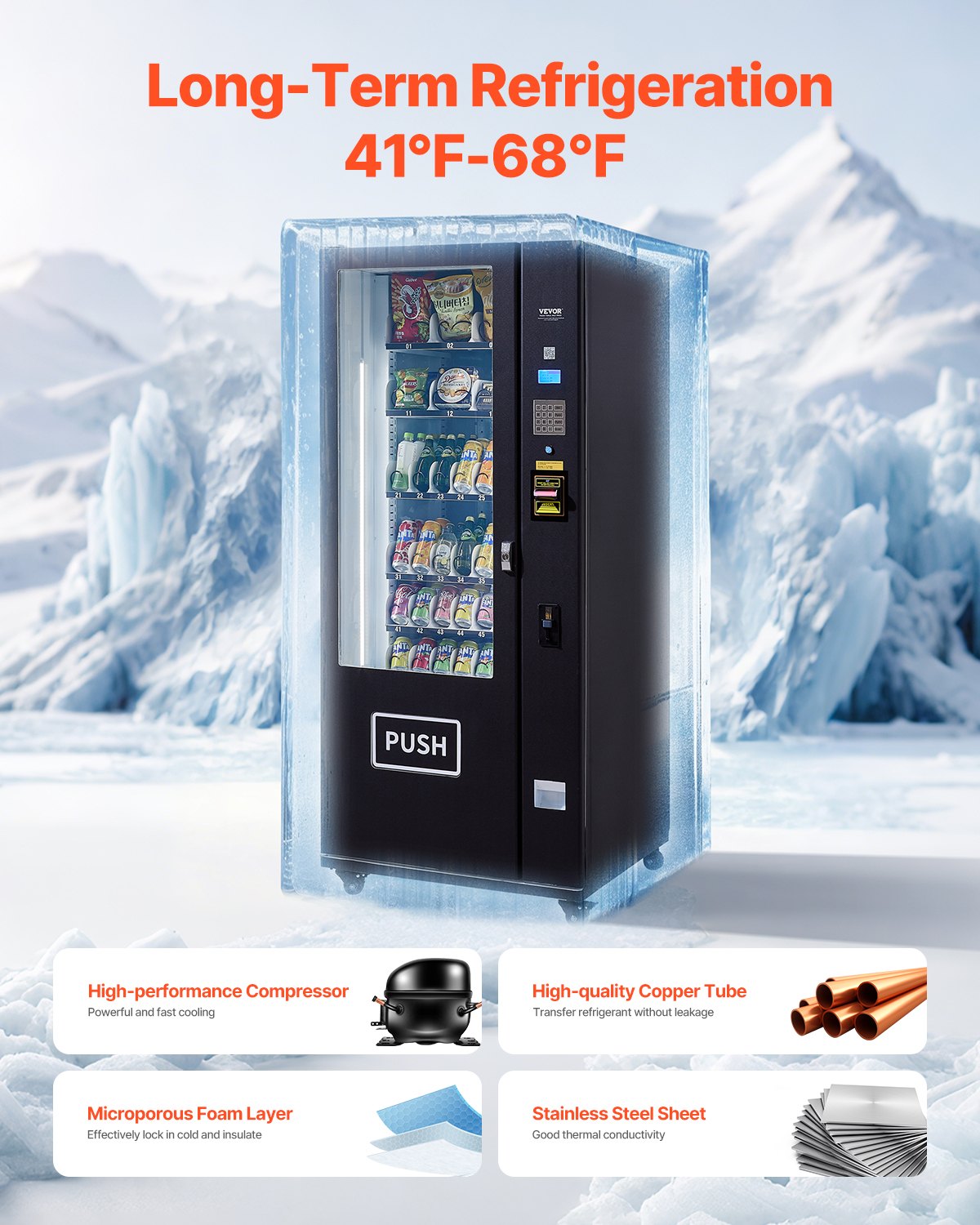 Máquina expendedora refrigerada combinada VEVOR, 36 ranuras, con TIC para refrigerios y refrescos, con aceptador de billetes y monedas, 6 niveles de gran capacidad para negocios, centros comerciales, oficinas y escuelas.