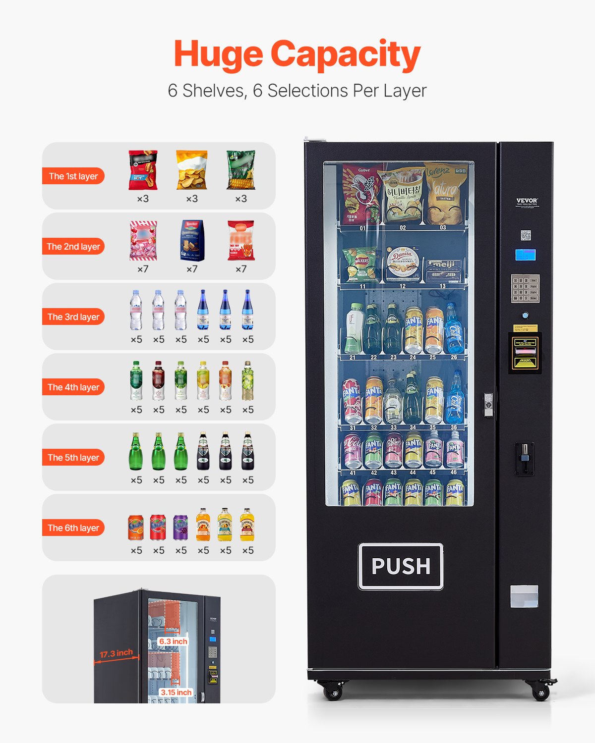 Máquina expendedora refrigerada combinada VEVOR, 36 ranuras, con TIC para refrigerios y refrescos, con aceptador de billetes y monedas, 6 niveles de gran capacidad para negocios, centros comerciales, oficinas y escuelas.