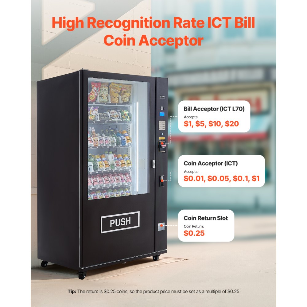 Máquina expendedora refrigerada combinada VEVOR, con 60 ranuras, para refrigerios y refrescos, con aceptador de billetes y monedas TIC, 6 niveles de gran capacidad para negocios, centros comerciales, oficinas y escuelas.