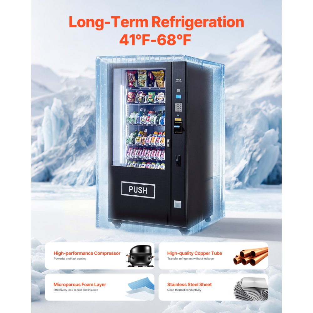 Máquina expendedora refrigerada combinada VEVOR, con 60 ranuras, para refrigerios y refrescos, con aceptador de billetes y monedas TIC, 6 niveles de gran capacidad para negocios, centros comerciales, oficinas y escuelas.