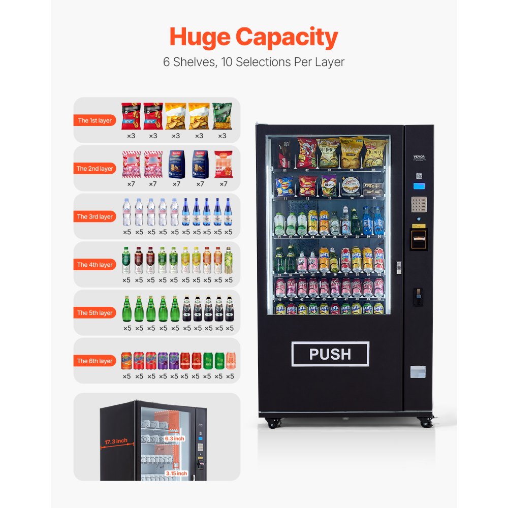 Máquina expendedora refrigerada combinada VEVOR, con 60 ranuras, para refrigerios y refrescos, con aceptador de billetes y monedas TIC, 6 niveles de gran capacidad para negocios, centros comerciales, oficinas y escuelas.