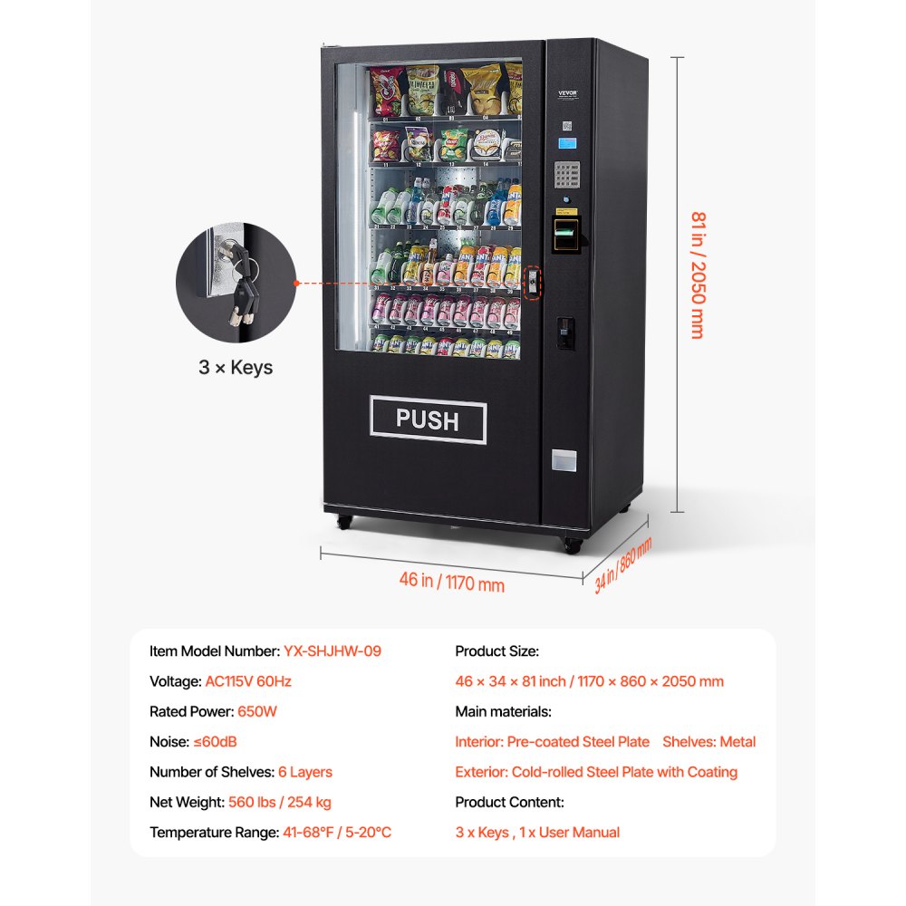 Máquina expendedora refrigerada combinada VEVOR, con 60 ranuras, para refrigerios y refrescos, con aceptador de billetes y monedas TIC, 6 niveles de gran capacidad para negocios, centros comerciales, oficinas y escuelas.
