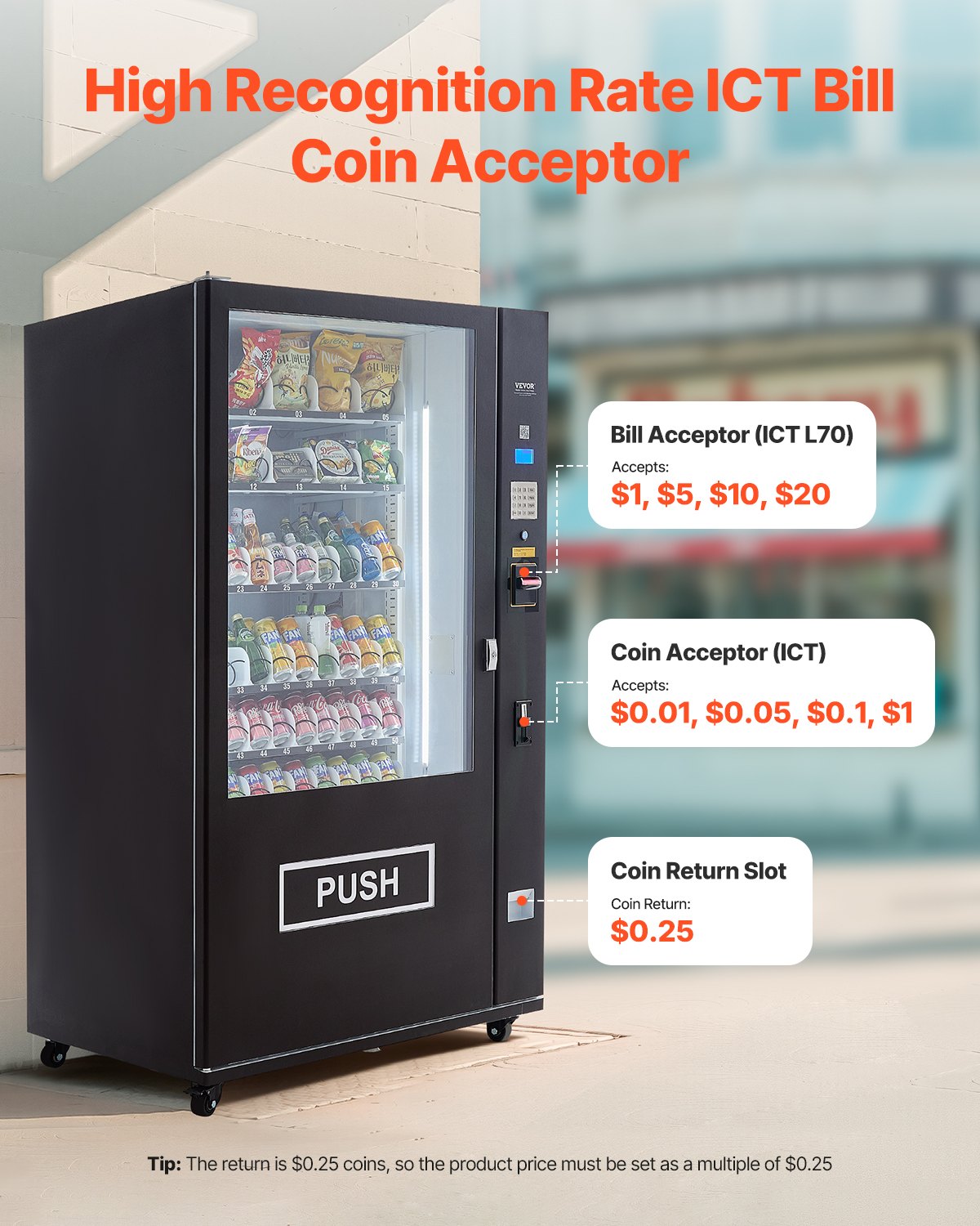Máquina expendedora refrigerada combinada VEVOR, con 60 ranuras, para refrigerios y refrescos, con aceptador de billetes y monedas TIC, 6 niveles de gran capacidad para negocios, centros comerciales, oficinas y escuelas.