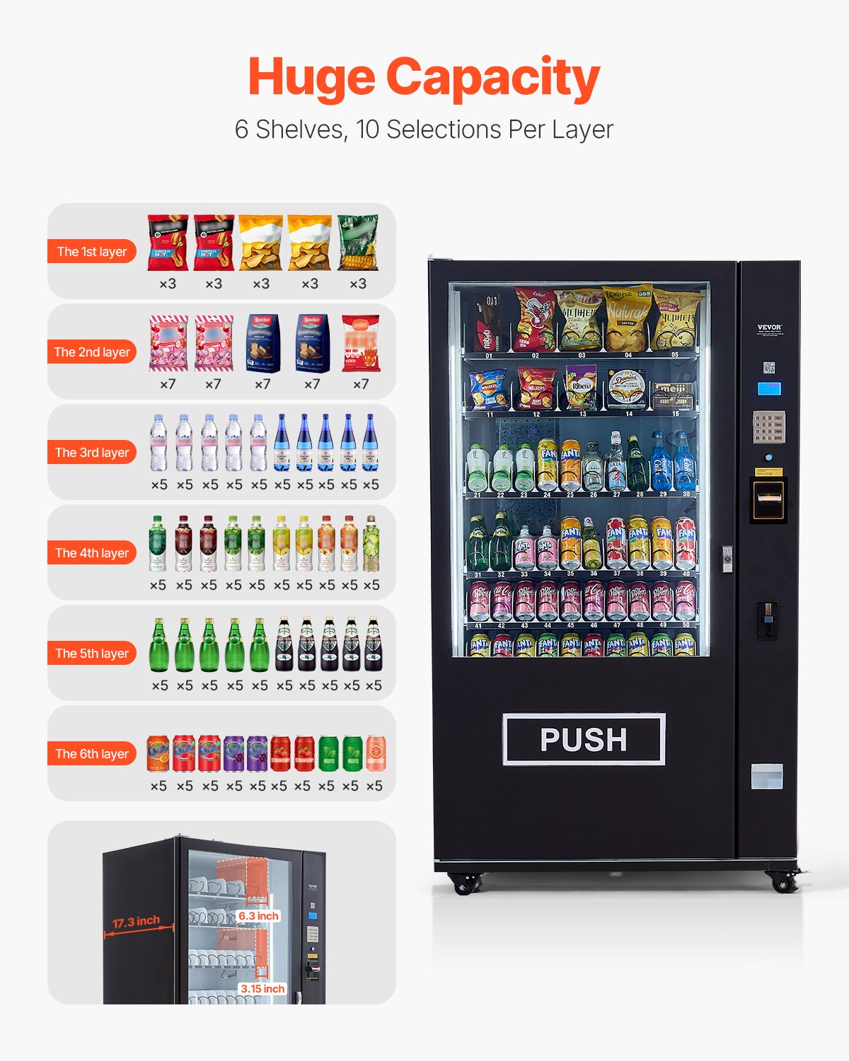 Máquina expendedora refrigerada combinada VEVOR, con 60 ranuras, para refrigerios y refrescos, con aceptador de billetes y monedas TIC, 6 niveles de gran capacidad para negocios, centros comerciales, oficinas y escuelas.