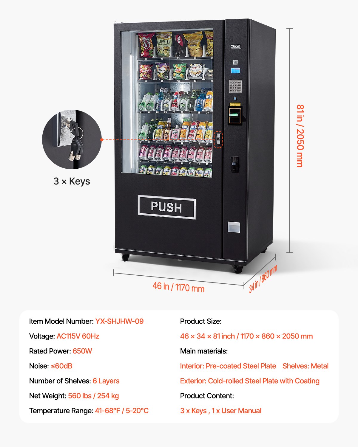 Máquina expendedora refrigerada combinada VEVOR, con 60 ranuras, para refrigerios y refrescos, con aceptador de billetes y monedas TIC, 6 niveles de gran capacidad para negocios, centros comerciales, oficinas y escuelas.