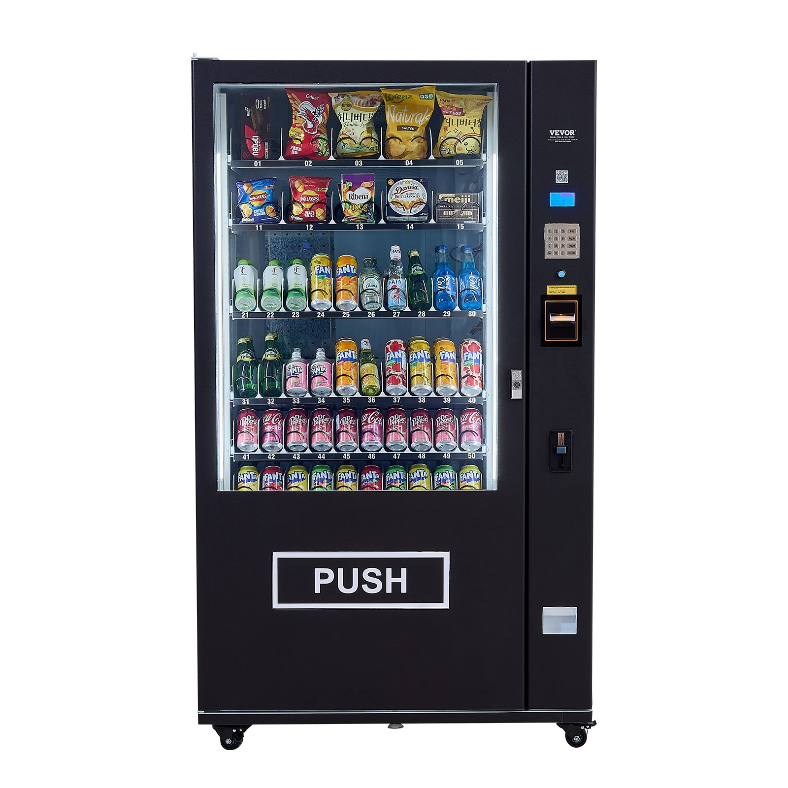 Máquina expendedora refrigerada combinada VEVOR, con 60 ranuras, para refrigerios y refrescos, con aceptador de billetes y monedas TIC, 6 niveles de gran capacidad para negocios, centros comerciales, oficinas y escuelas.