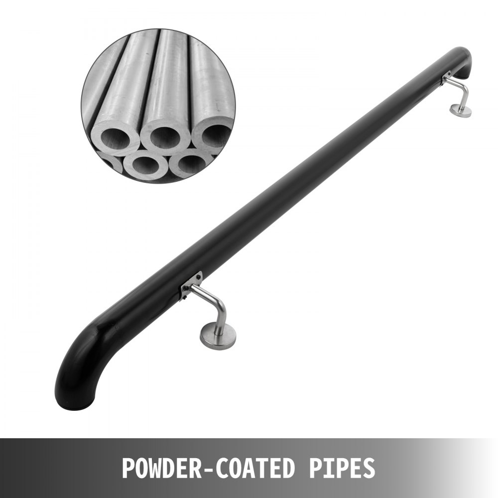 Aluminum Indoor Handrail for Stairs 3ft Length Black Wall-Mounted Round Tubes