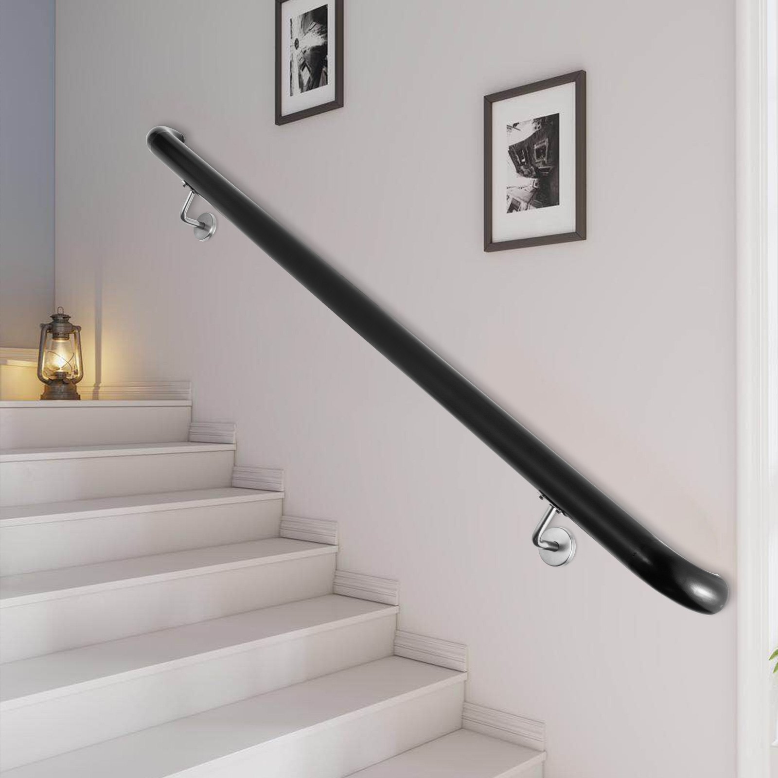 Aluminum Indoor Handrail for Stairs 3ft Length Black Wall-Mounted Round Tubes