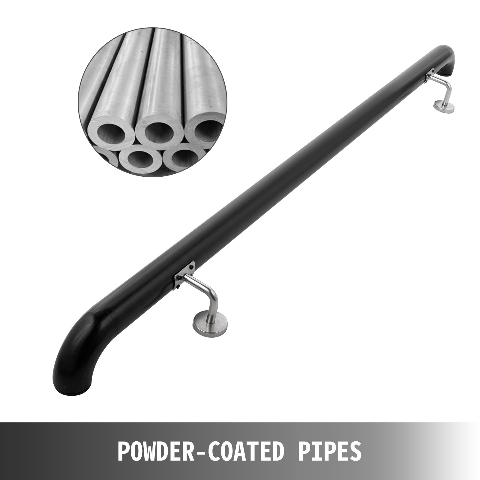 Aluminum Indoor Handrail for Stairs 3ft Length Black Wall-Mounted Round Tubes