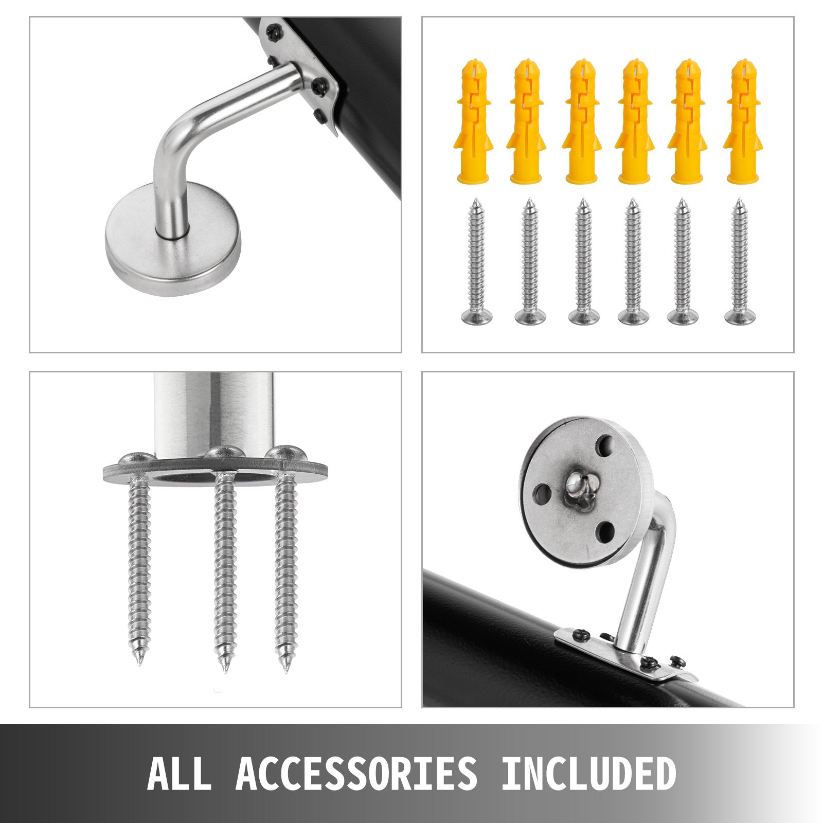 Aluminum Indoor Handrail for Stairs 3ft Length Black Wall-Mounted Round Tubes