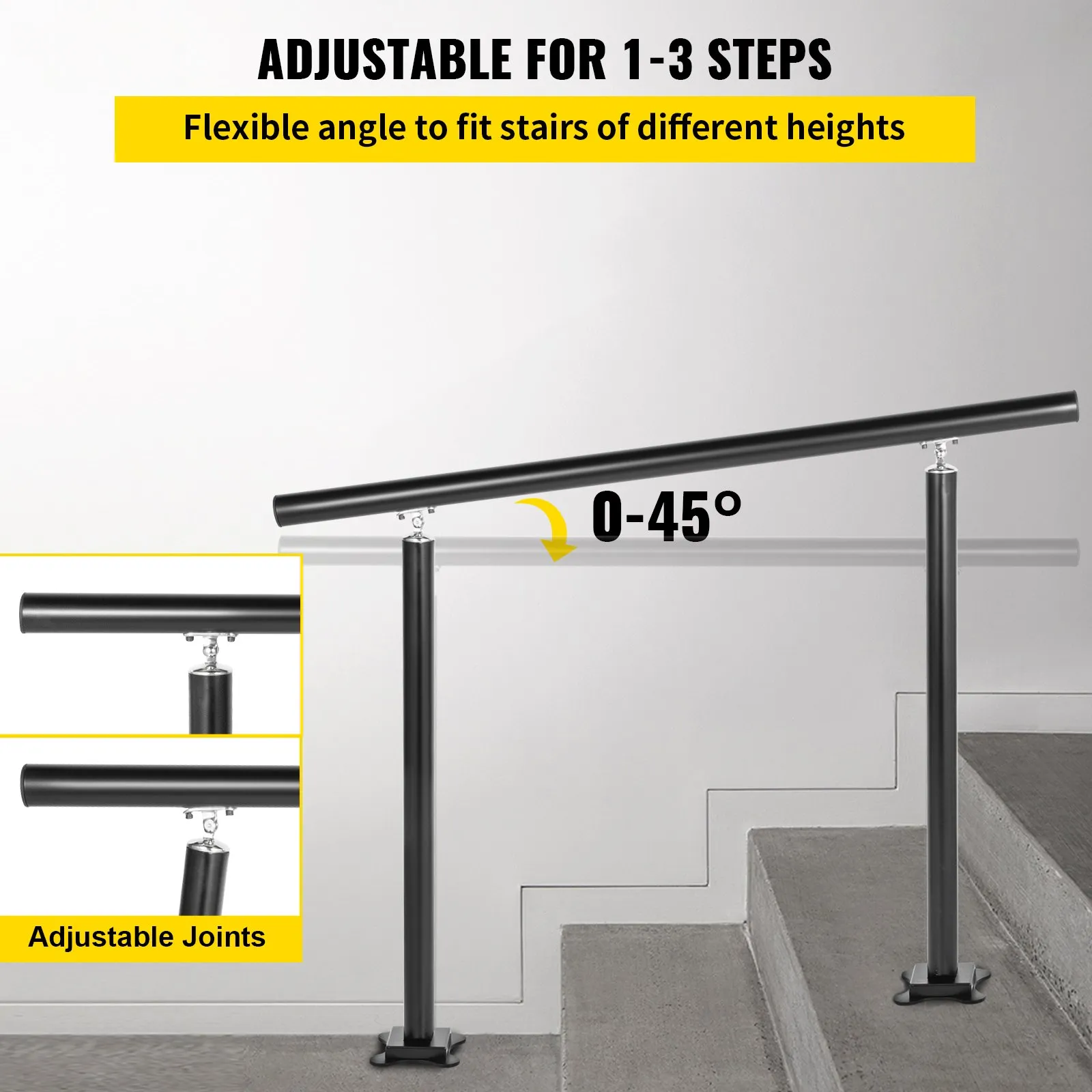 VEVOR outdoor stair railing adjustable for 1-3 steps, flexible angle 0-45 degrees.