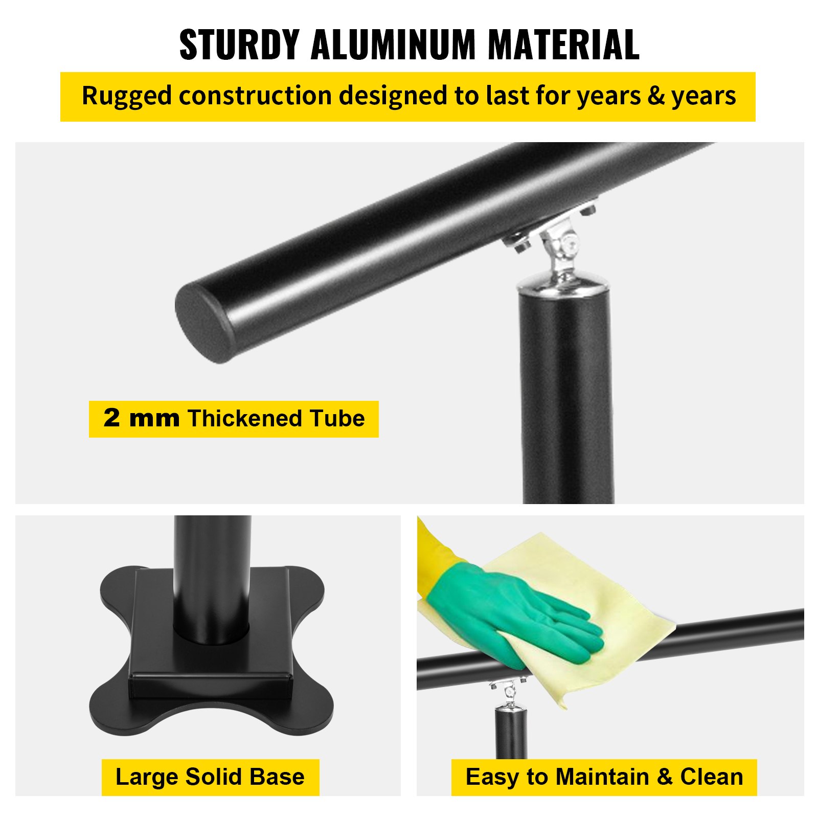 sturdy aluminum VEVOR outdoor stair railing with 2mm thick tube, large base, easy cleaning.