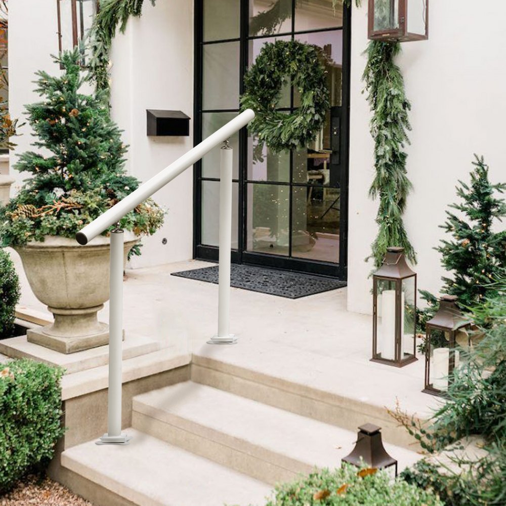 VEVOR outdoor stair railing kit on decorated front porch with greenery and lanterns.