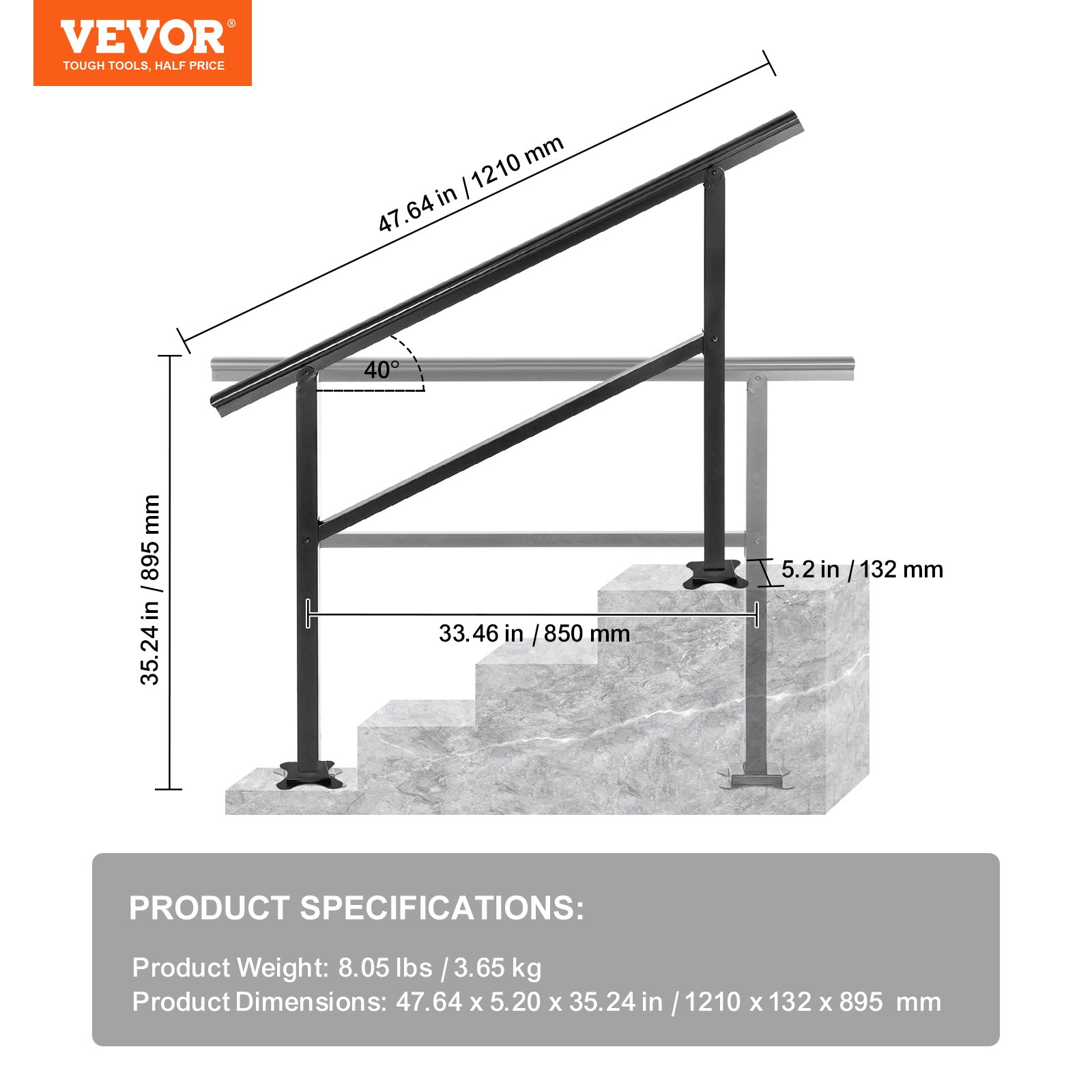 VEVOR outdoor handrail with dimensions for steps and base, ideal for safety.