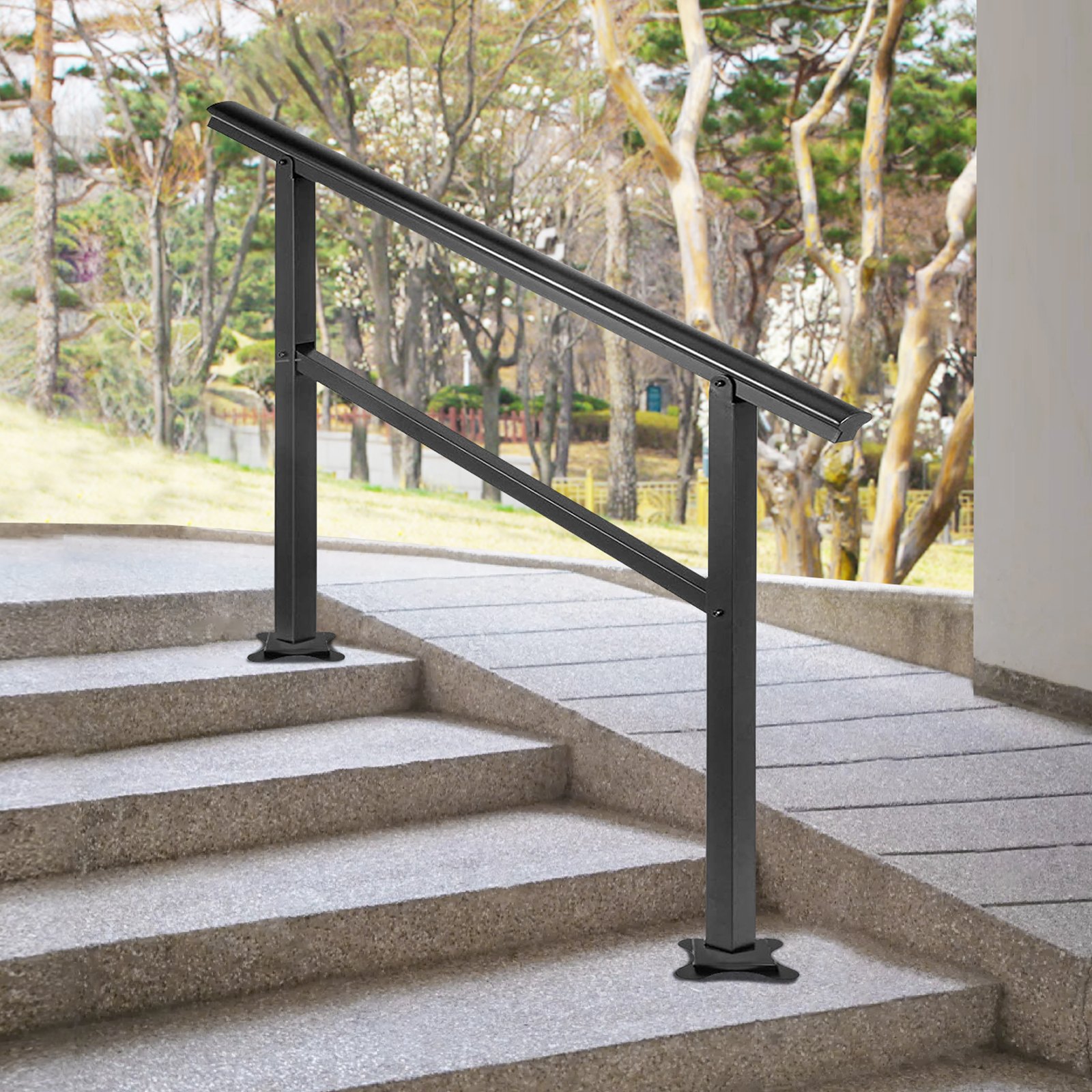 modern black VEVOR outdoor handrail on concrete steps amidst a lush garden.