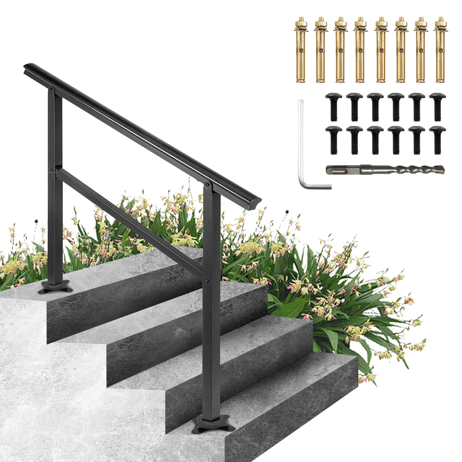 VEVOR outdoor handrail on concrete steps with installation hardware.