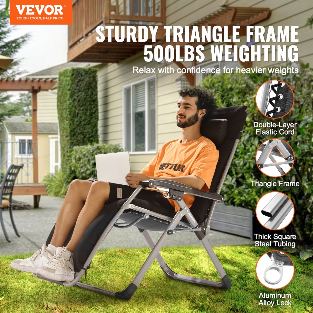 VEVOR Zero Gravity Chair, 645 mm Zero Gravity Recliner Lounge Chair for Indoor and Outdoor, Adjustable Anti Gravity Chair with Cushion, Headrest, Footrest, and Cupholder, 500 lbs, Black
